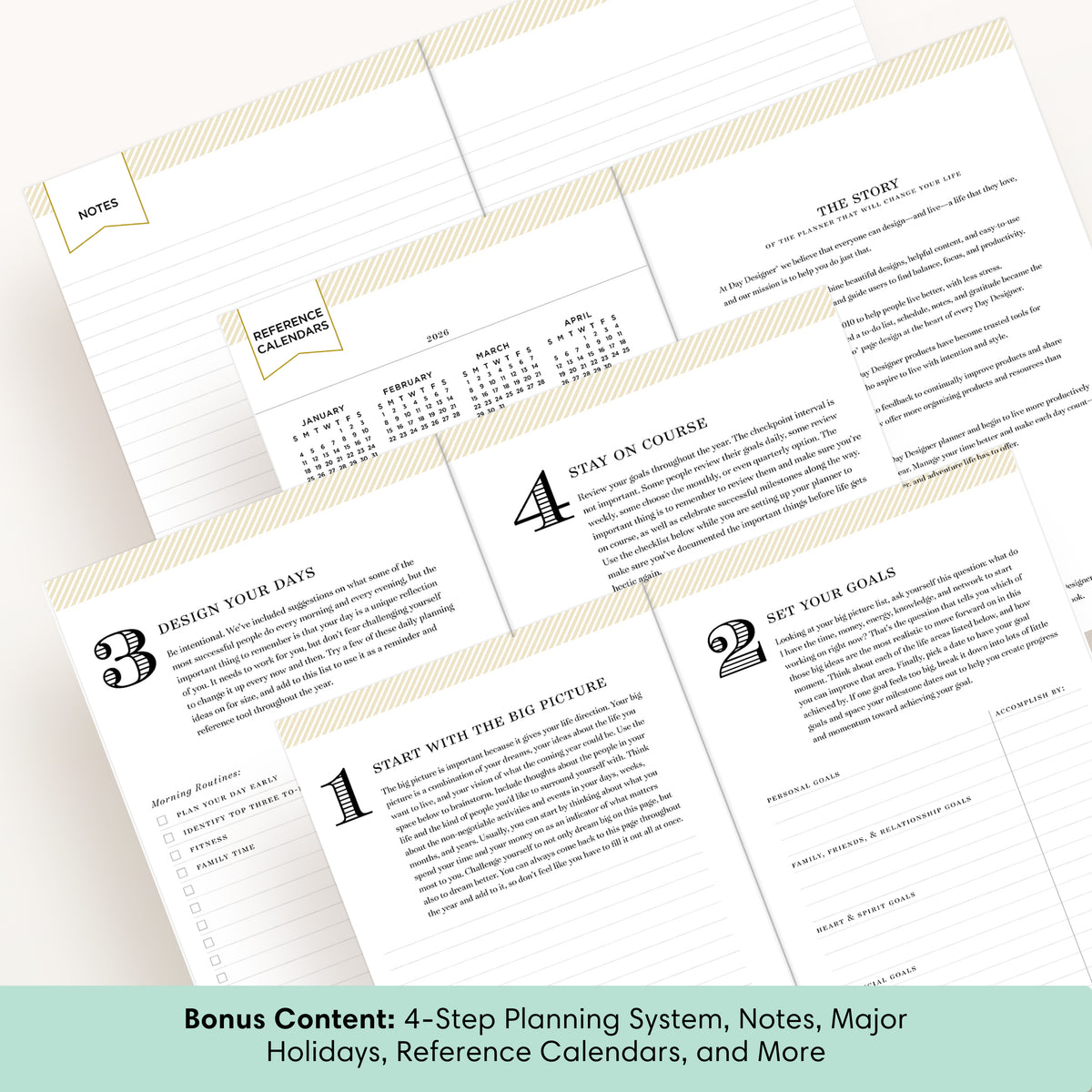 A set of printed planner pages and calendar inserts arranged on a white background, with a mint text banner at the bottom reading &