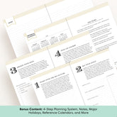 A set of printed planner pages and calendar inserts arranged on a white background, with a mint text banner at the bottom reading &