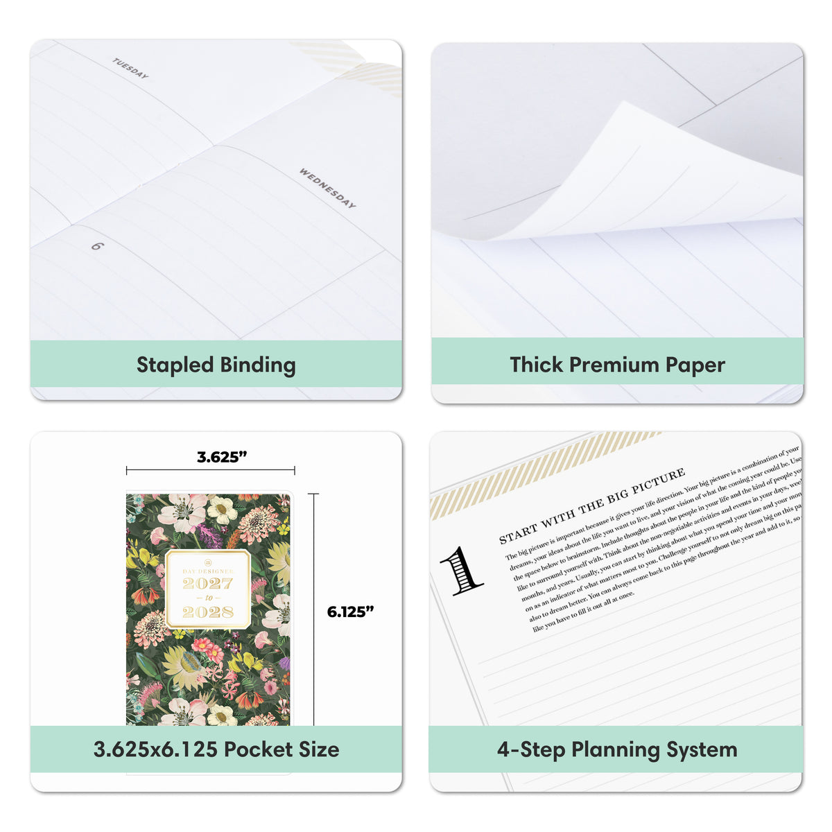 Four-panel product graphic for a pocket planner showing: angled view of the planner pages with &