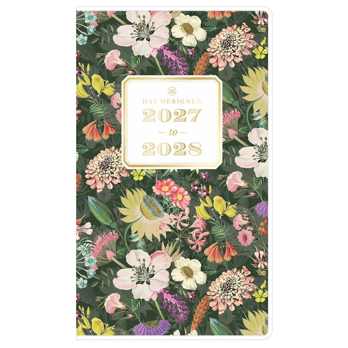 A floral planner calendar cover for 2027 to 2028, featuring a dense multicolor flower pattern on a dark green background with a cream-colored central label. pocket sized monthly planner
