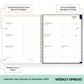 A spiral-bound weekly planner spread shown on a white background with callout labels explaining features like lined sections, to-do checklists, and weekly goals. The bottom banner reads &
