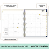 An open spiral-bound monthly planner spread showing a January 2027 calendar layout with labeled callouts for checklist style notes and to-do section, lined daily blocks, and reference calendars on a white background.