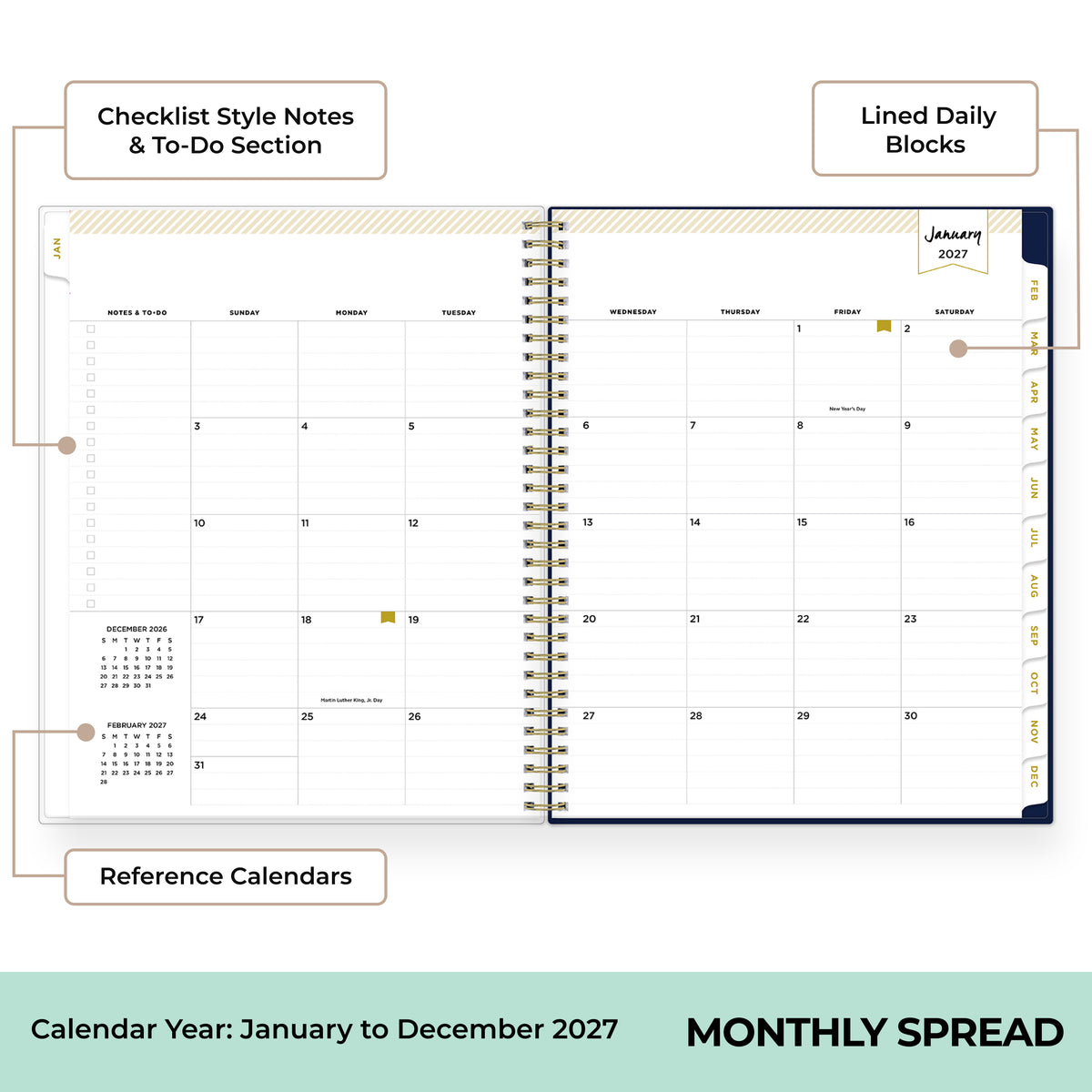 An open spiral-bound monthly planner spread showing a January 2027 calendar layout with labeled callouts for checklist style notes and to-do section, lined daily blocks, and reference calendars on a white background.