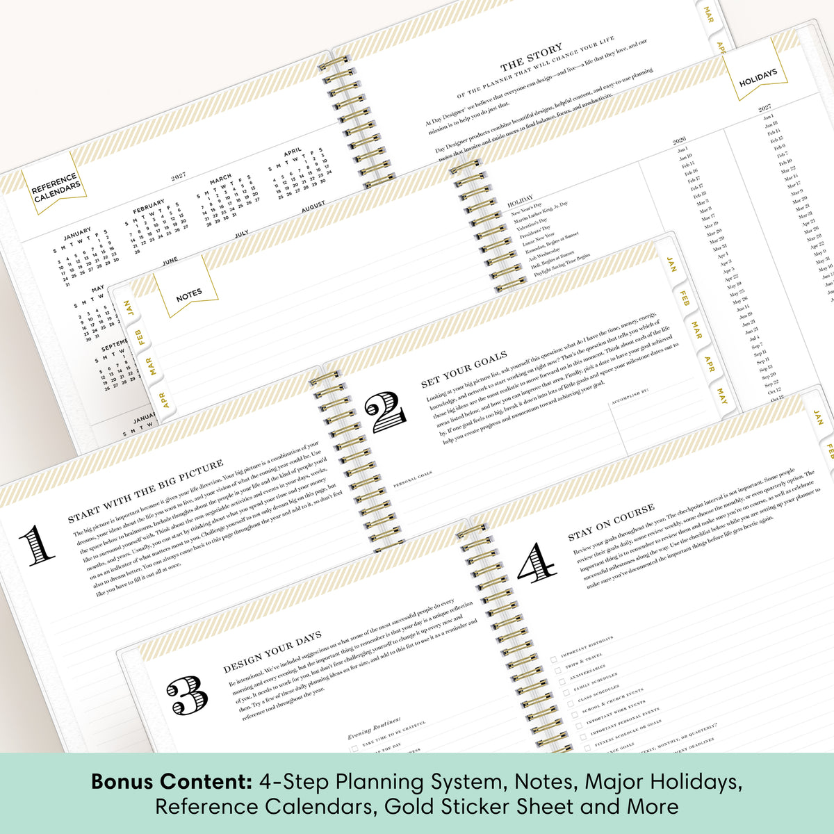 Four spiral-bound planner pages fanned out on a white background, showing a 4-step planning system, notes section, reference calendars, and gold sticker sheet tabs. A teal banner at the bottom reads &