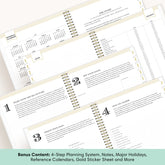 Four spiral-bound planner pages fanned out on a white background, showing a 4-step planning system, notes section, reference calendars, and gold sticker sheet tabs. A teal banner at the bottom reads &