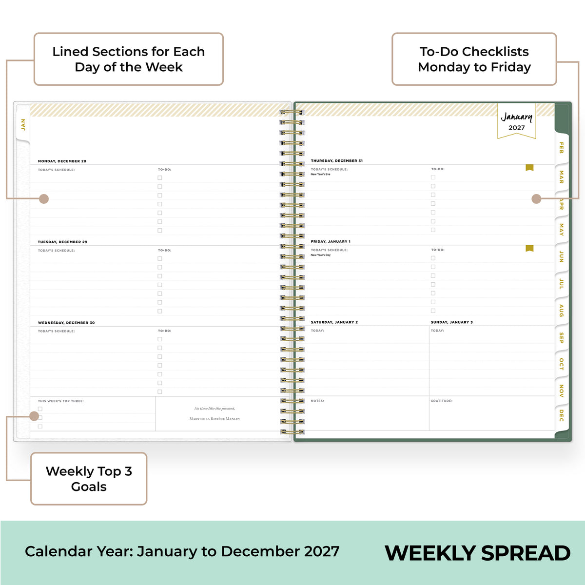A spiral-bound weekly planner spread shown on a white background with callout labels pointing to features like lined sections, to-do checklists, and weekly goals. The planner page includes a January 2027 weekly layout and a teal footer banner reading WEEKLY SPREAD.