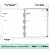 A spiral-bound weekly planner spread shown on a white background with callout labels pointing to features like lined sections, to-do checklists, and weekly goals. The planner page includes a January 2027 weekly layout and a teal footer banner reading WEEKLY SPREAD.