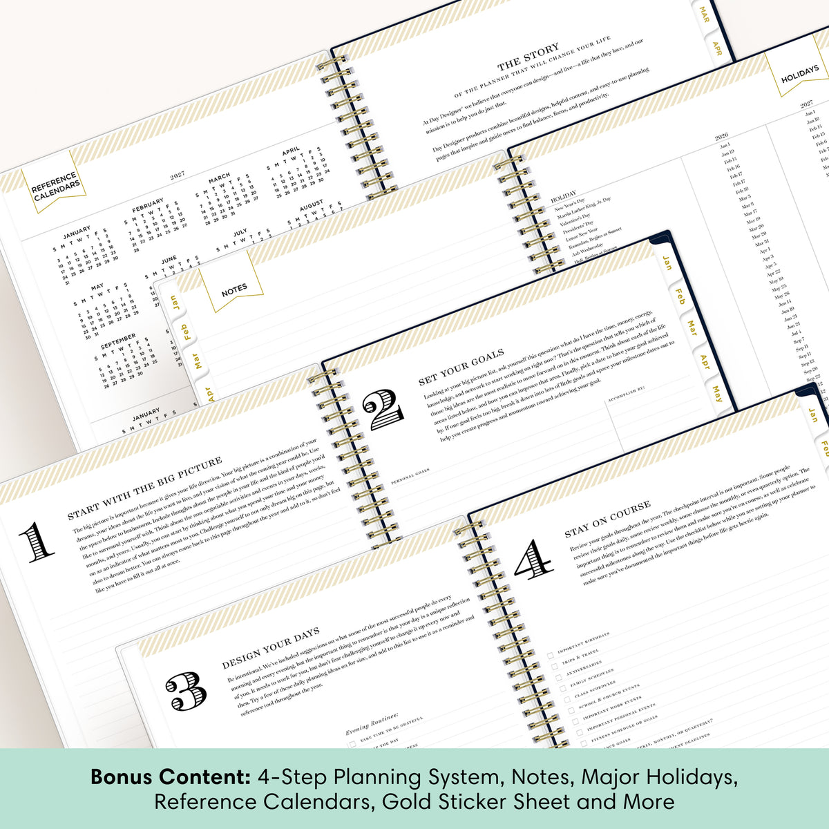 Open spiral-bound planner pages showing a 4-step planning system, notes, major holidays, and reference calendars, arranged on a light background with a teal banner at the bottom reading bonus content.