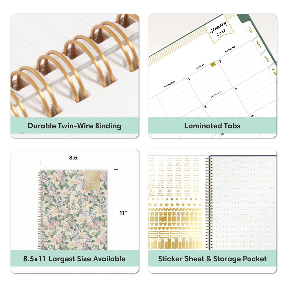 A 2x2 feature collage for a spiral-bound planner notebook. The top-left panel shows gold-toned twin-wire binding, the top-right shows laminated monthly calendar tabs, the bottom-left shows the planner closed with floral pattern and dimensions, and the bottom-right shows sticker sheets and a storage pocket.