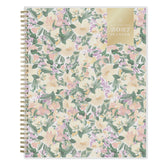A 2027 spiral-bound weekly monthly planner with a pastel floral cover pattern featuring pink, yellow, and purple flowers with green leaves on a cream background, with a gold accent block in the top right corner.