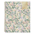 A 2027 spiral-bound weekly monthly planner with a pastel floral cover pattern featuring pink, yellow, and purple flowers with green leaves on a cream background, with a gold accent block in the top right corner.