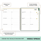 An open spiral-bound weekly planner spread shown on a white background with callout labels pointing to sections: weekly top 3 goals, to-do checklists Monday to Friday, and lined sections for each day of the week. The right page includes a January 2027 header and a vertical tab labeled weekly spread.
