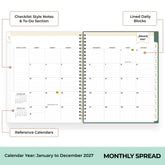 An open spiral-bound planner shown as a monthly spread view with callout labels pointing to checklist style notes and to-do section, lined daily blocks, reference calendars, and a calendar year from January to December 2027.