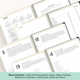 A spiral-bound planner or journal shown open with multiple printed pages fanned out, including reference calendars, notes, a story page, and a four-step planning system. A teal banner at the bottom reads bonus content about the included materials.