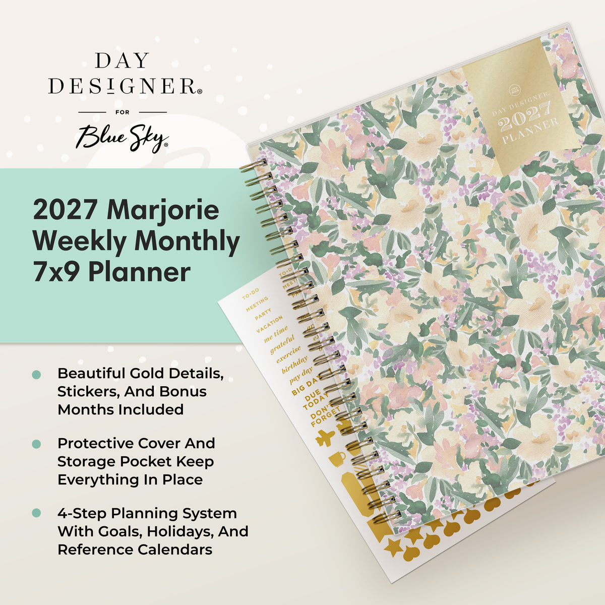 A 2027 Marjorie Weekly Monthly 7x9 Planner by Day Designer for Blue Sky, shown at an angle with its protective cover and a small included sticker sheet. The cover features a delicate pastel floral pattern with green leaves, pink blossoms, and gold foil accents.