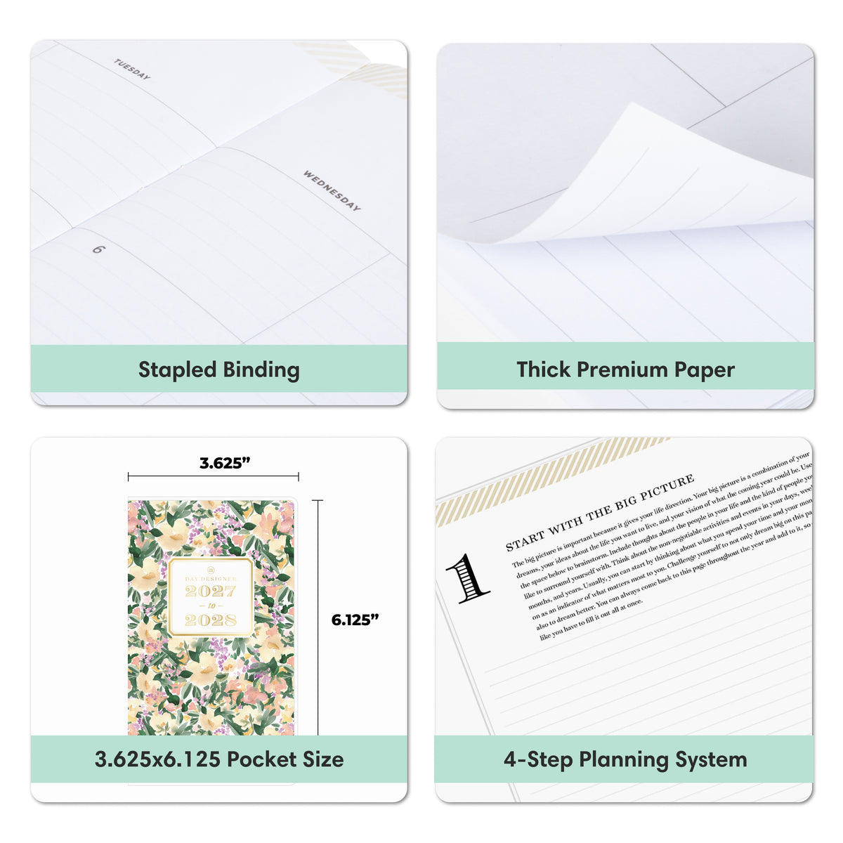 Four-panel product graphic for a pocket planner showing: angled view of the planner pages, a close-up of thick paper, a floral cover design with dimensions labeled 3.625 x 6.