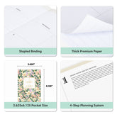 Four-panel product graphic for a pocket planner showing: angled view of the planner pages, a close-up of thick paper, a floral cover design with dimensions labeled 3.625 x 6.