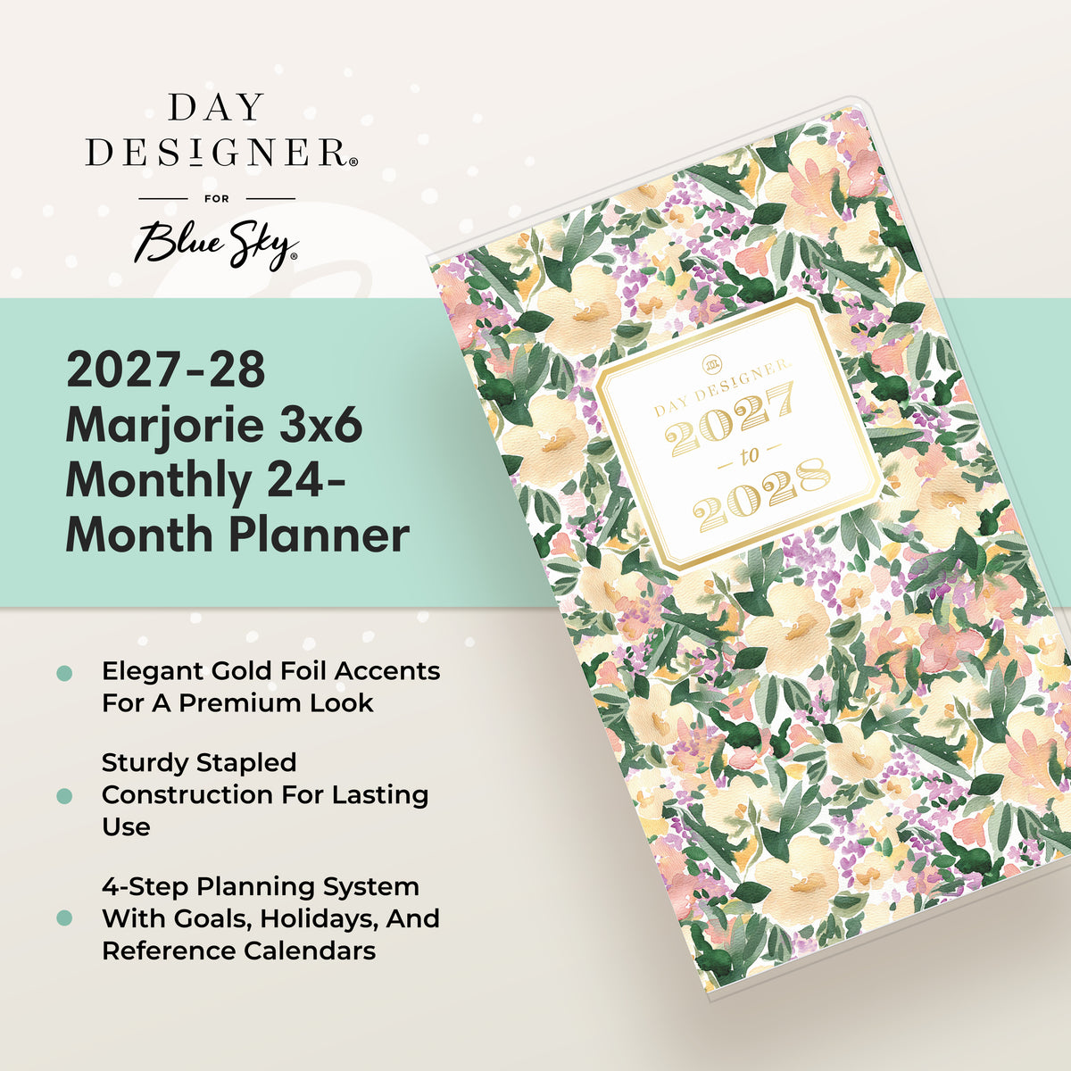 Day Designer for Blue Sky 2027-28 Marjorie 3x6 Monthly 24-Month Planner shown at an angle on a light beige background with a mint green text panel. The planner cover features a floral pattern with green leaves, peach and cream flowers, and purple blossoms, with a gold foil label on the front.