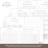 A collage of printable planner pages from Day Designer Boutique edition, including personal check-in, annual goals, reflection, and annual budget sheets, with a brown banner at the bottom reading bonus content.