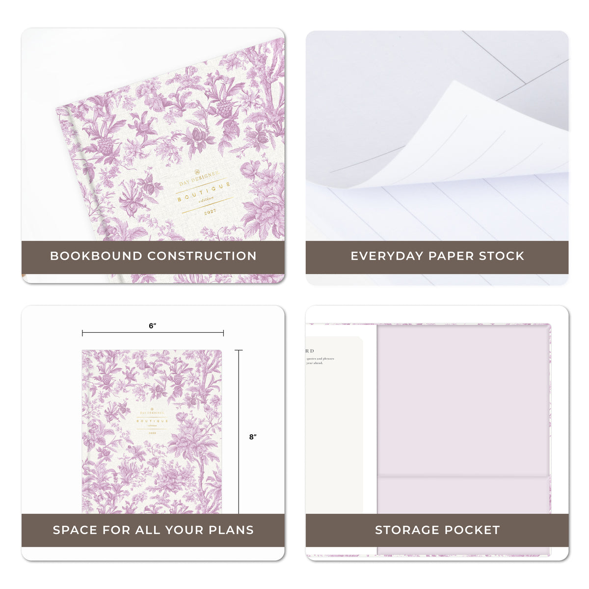 A four-panel product feature graphic for a planner or notebook with a lavender floral  pattern. The panels highlight features including bookbound construction, everyday paper stock, space for all your plans, and a storage pocket, with one panel showing dimensions.