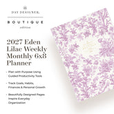 Day Designer Boutique edition 2027 Eden Lilac Weekly Monthly 6x8 Planner shown at an angle on a white background with descriptive text on the left.