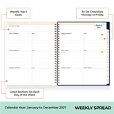 An open spiral-bound weekly planner spread on a white background with callout labels pointing to sections: Weekly Top 3 Goals, To-Do Checklists Monday to Friday, and Lined Sections for Each Day of the Week. The right page shows a January 2027 weekly layout with a navy border and gold accents.