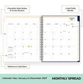An open spiral-bound planner shown as a monthly spread layout with labeled callouts pointing to the checklist style notes and to-do section, lined daily blocks, and reference calendars. The page displays a January 2027 calendar spread on a white background with a teal footer banner reading &