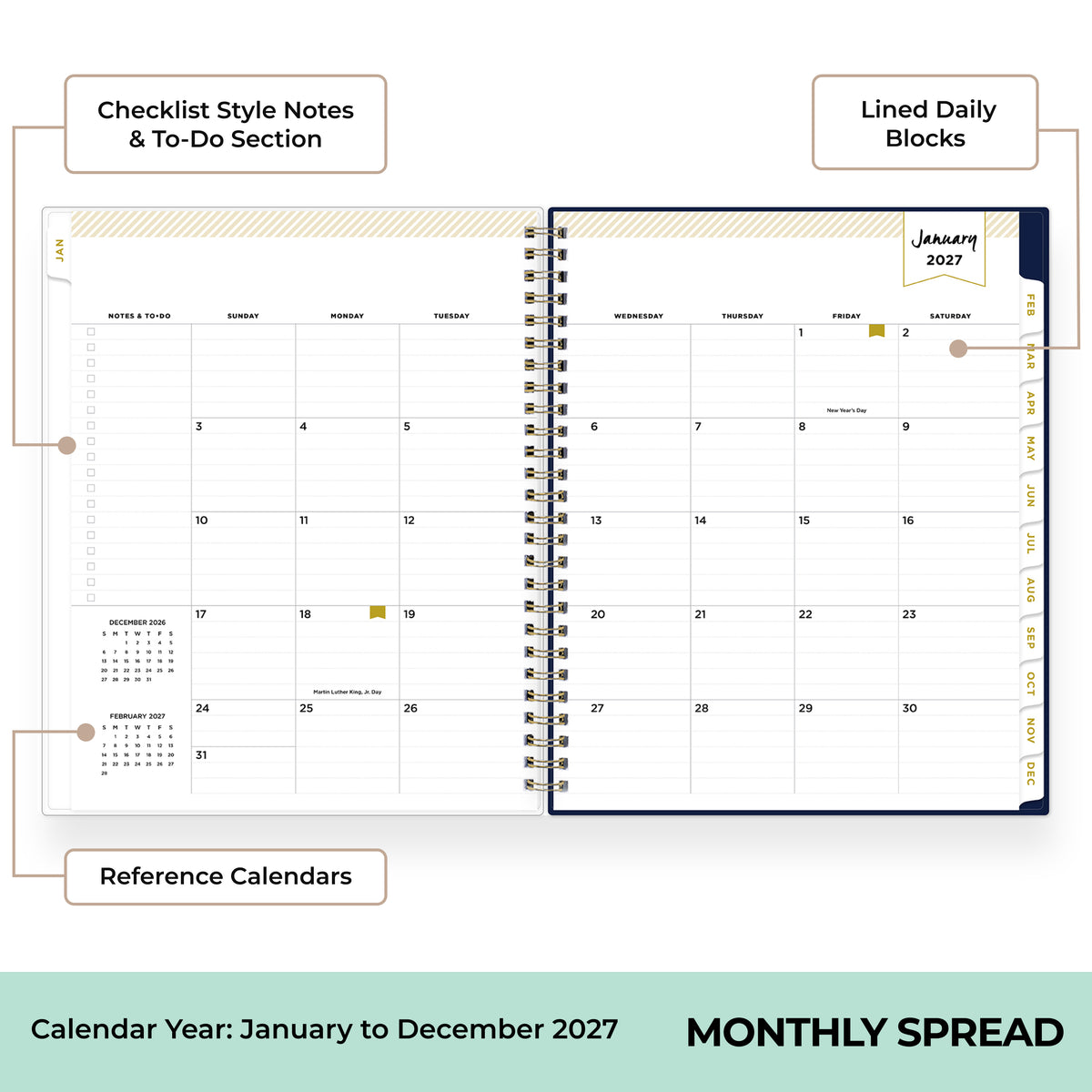 An open spiral-bound planner shown as a monthly spread layout with labeled callouts pointing to the checklist style notes and to-do section, lined daily blocks, and reference calendars. The page displays a January 2027 calendar spread on a white background with a teal footer banner reading &