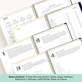 An open spiral-bound planner showing multiple interior pages for a 4-step planning system, notes, reference calendars, and holiday planning. A teal banner at the bottom reads: Bonus Content: 4-Step Planning System, Notes, Major Holidays, Reference Calendars, Gold Sticker Sheet and More.