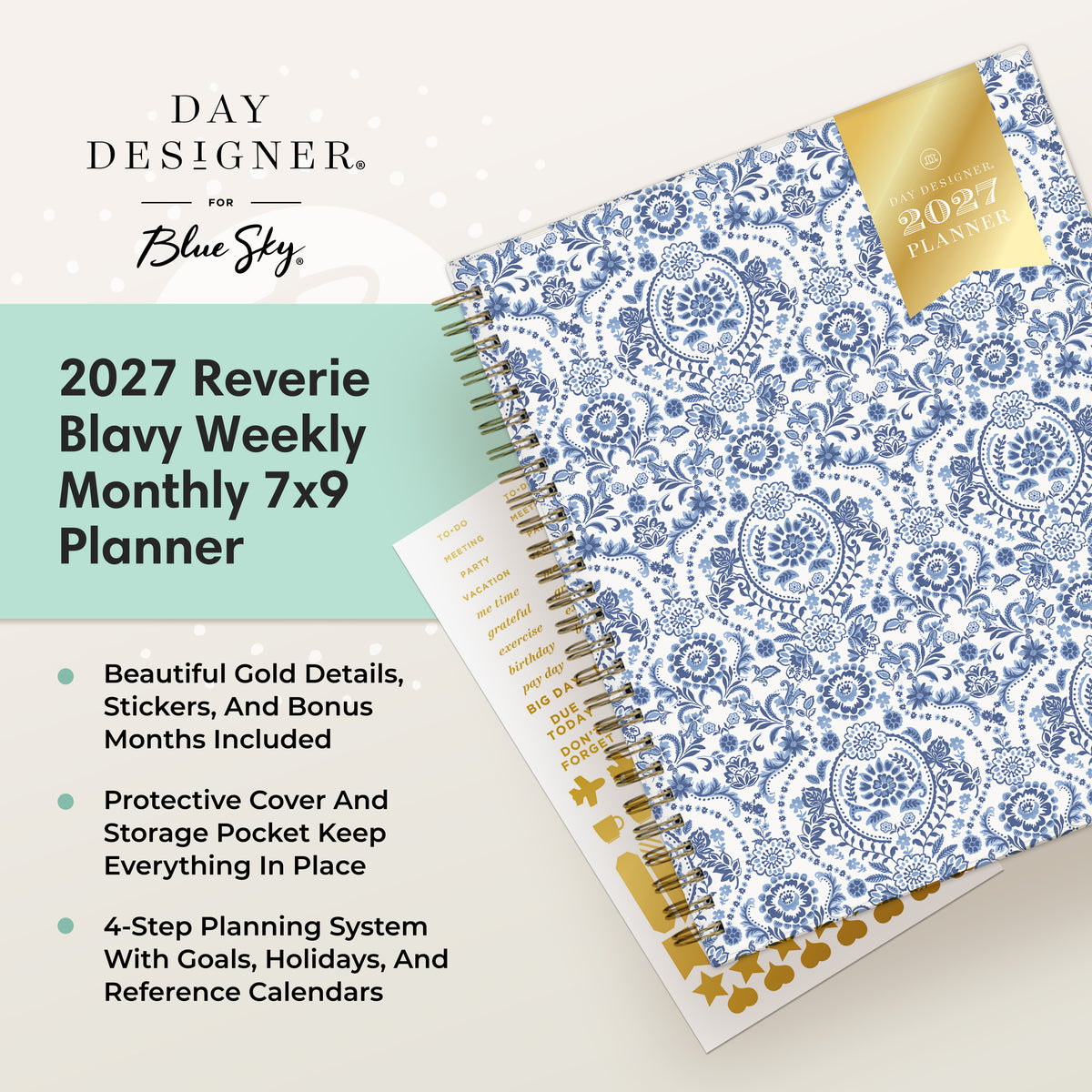 Day Designer for Blue Sky 2027 Reverie Blavy Weekly 7x9 Planner shown at an angle on a light cream background with a mint green text panel. The planner features a blue and white floral damask pattern, a gold accent sticker, and a gold spiral binding.