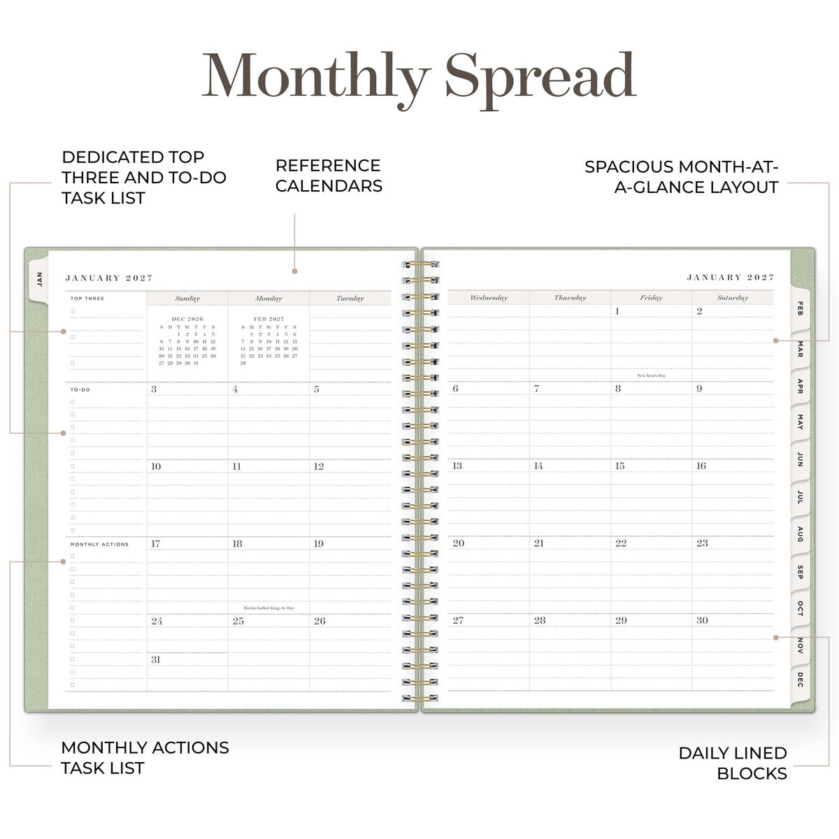 An open spiral-bound monthly planner spread shown on a white background with callout labels describing features such as a dedicated top three and to-do task list, reference calendars, spacious month-at-a-glance layout, monthly actions task list, and daily lined blocks.