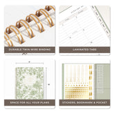 A 2x2 promotional collage for a spiral-bound planner. The top-left panel shows close-up gold twin-wire binding on a white page, gold sticker sheets, and lined writing day blocks from monthly view.