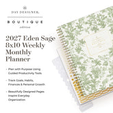 Day Designer Boutique edition 2027 Eden Sage 8x10 Weekly Monthly Planner shown on a white background with product text and a partial planner cover featuring a green botanical pattern and gold foil accents.