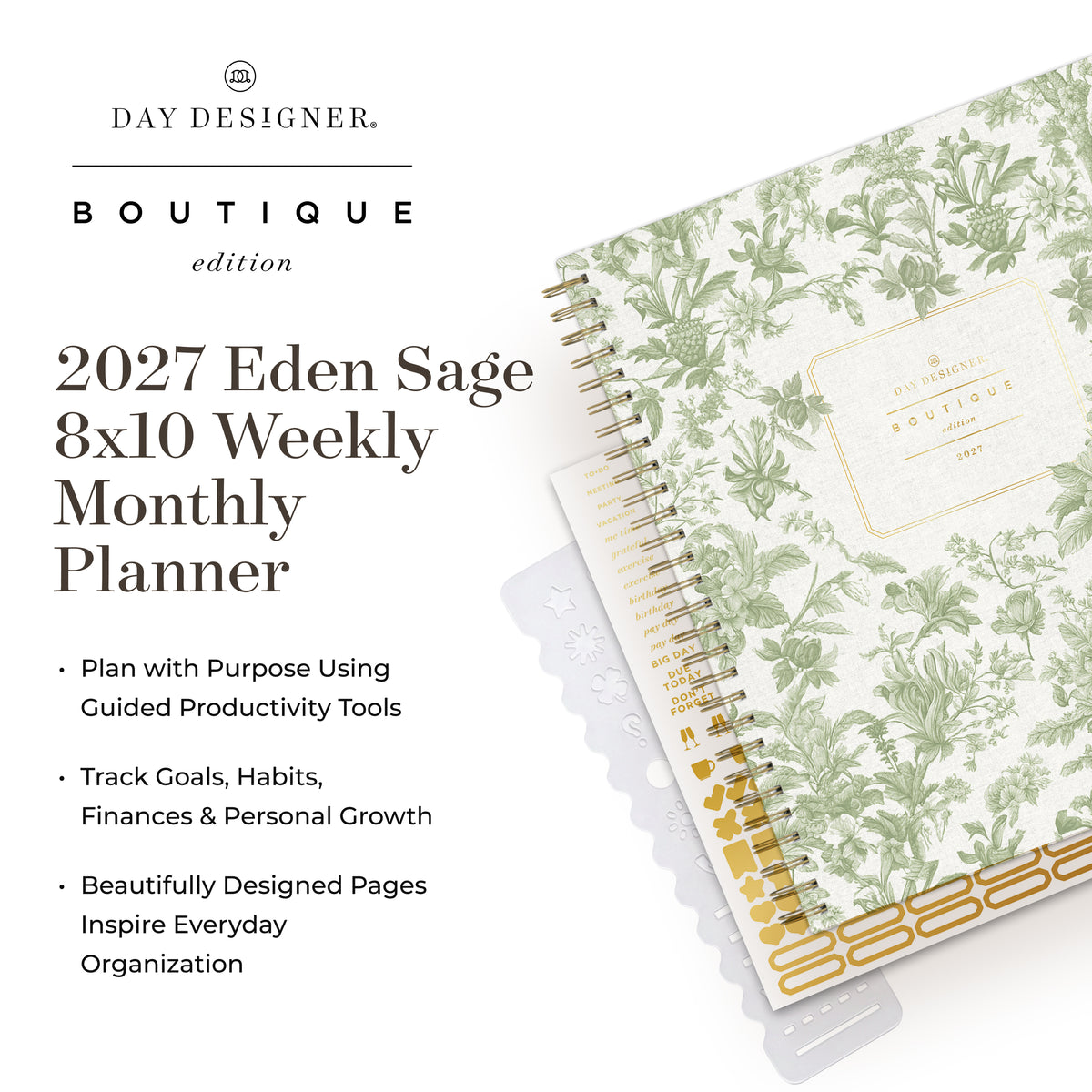 Day Designer Boutique edition 2027 Eden Sage 8x10 Weekly Monthly Planner shown on a white background with product text and a partial planner cover featuring a green botanical pattern and gold foil accents.