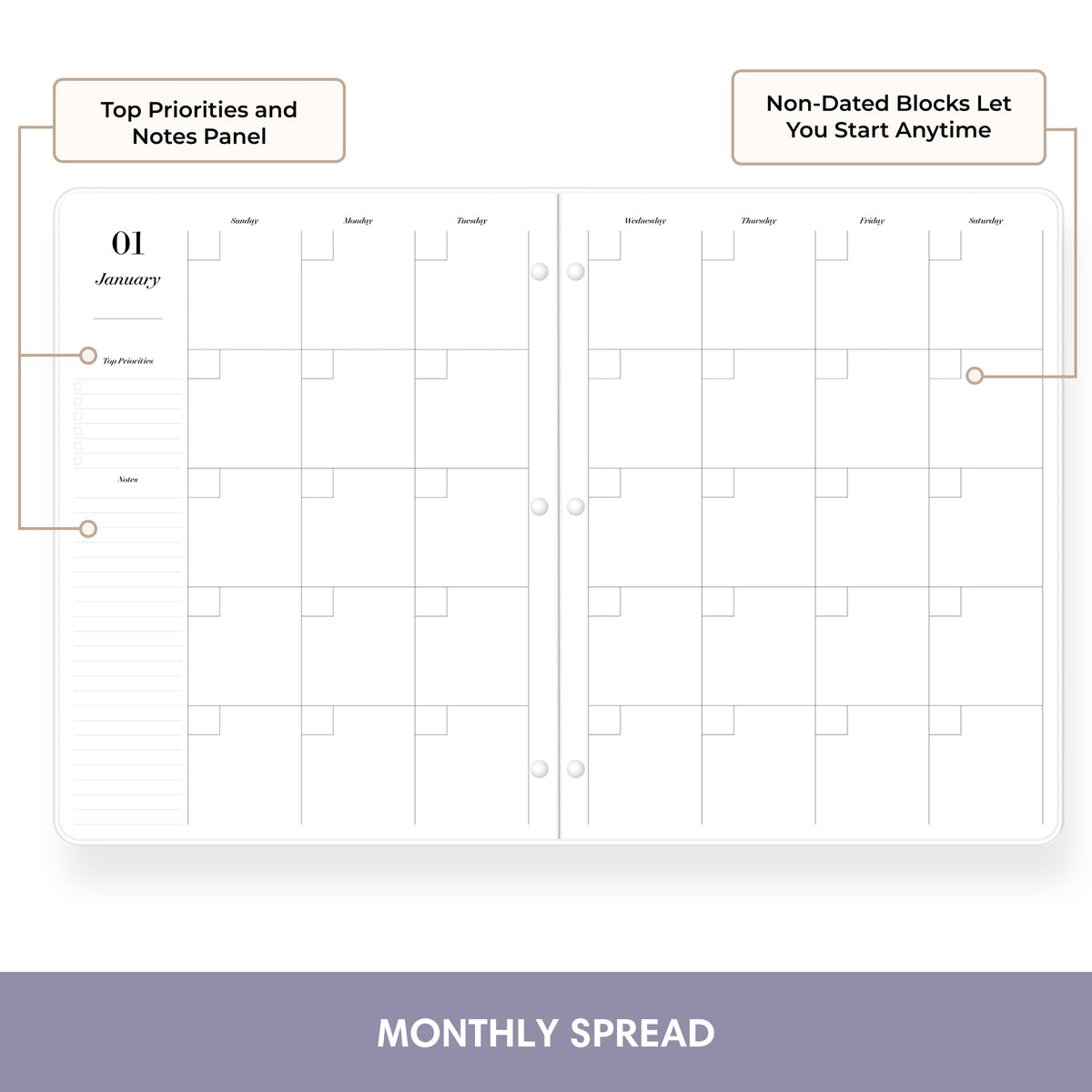 An open monthly planner spread with labeled callouts pointing to the top priorities and notes panel and non-dated blocks, on a white background with a purple banner reading MONTHLY SPREAD.