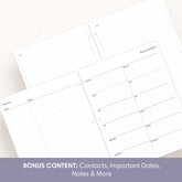 Three white planner inserts with lined and boxed writing sections, shown overlapping on a light beige background. A purple banner at the bottom reads: &