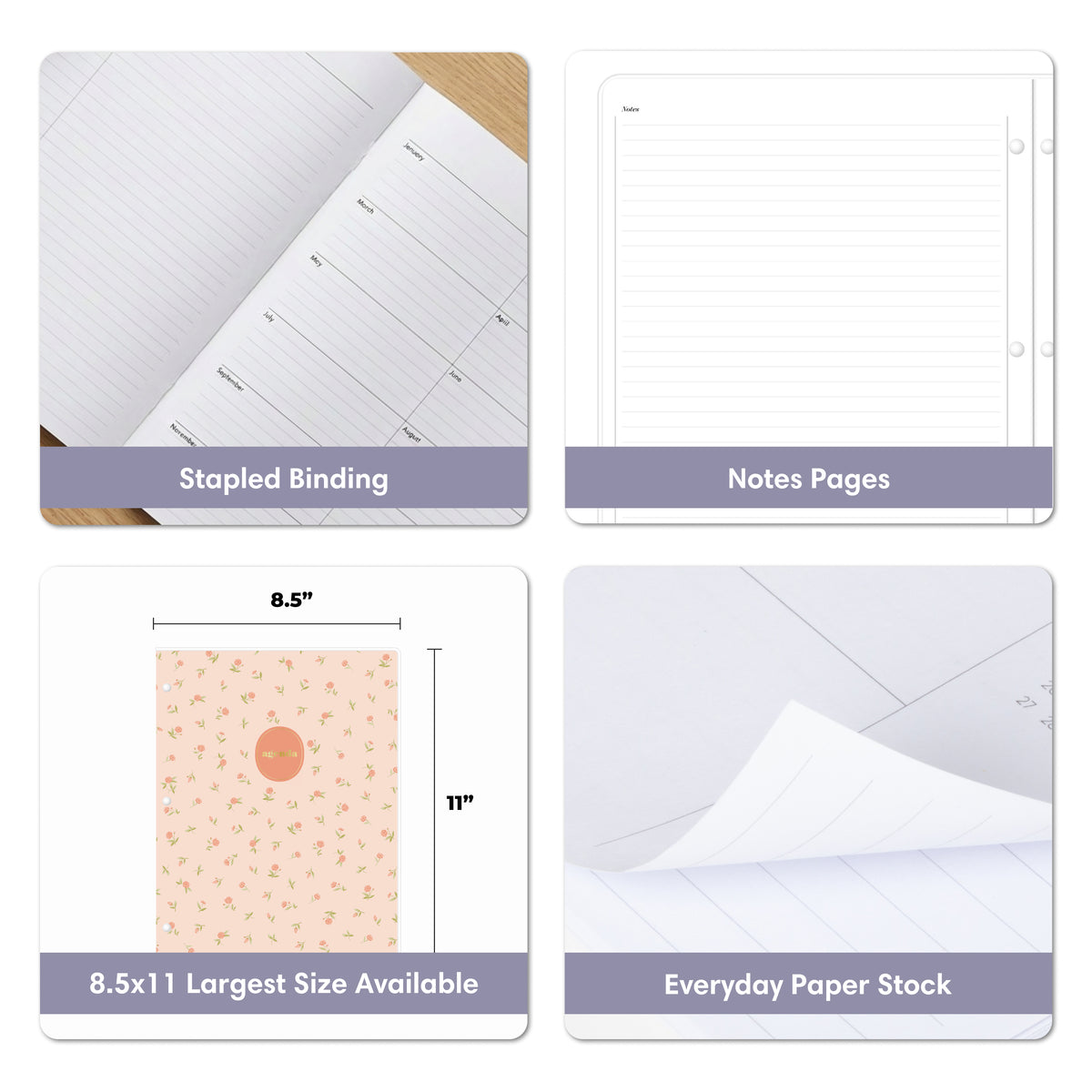 Four-panel product graphic showing a planner insert set: lined notes pages, stapled binding, a 8.5 x 11 note card size diagram, and everyday paper stock closeups.