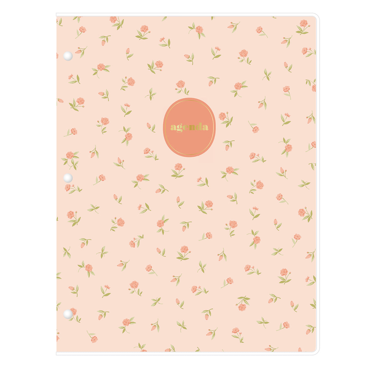 A three-ring hole punched 24 month non-dated notebook with a light peach-pink cover decorated with a small green and orange floral pattern. A circular rose-pink label in the center features the name &