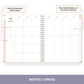 An open spiral-bound monthly planner spread on a white background, with callout boxes explaining features like the top priorities and notes panel and non-dated blocks. A purple banner at the bottom reads &