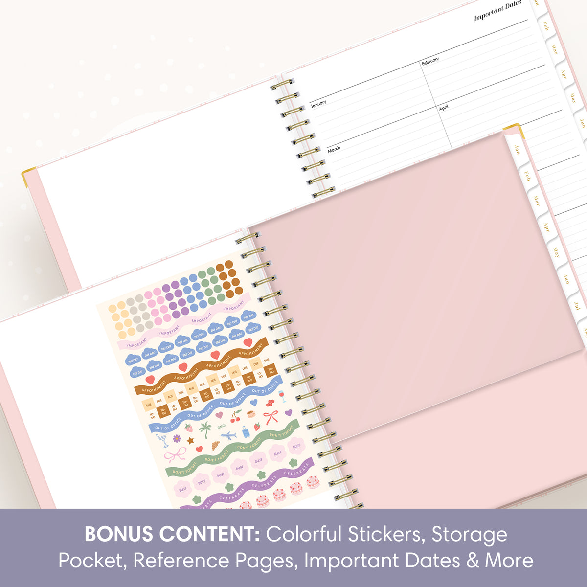An open spiral-bound planner or notebook shown at an angle, with a pale pink page, a pink pocket, and colorful sticker sheets visible. A purple text banner at the bottom reads: &