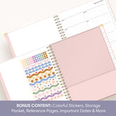 An open spiral-bound planner or notebook shown at an angle, with a pale pink page, a pink pocket, and colorful sticker sheets visible. A purple text banner at the bottom reads: &