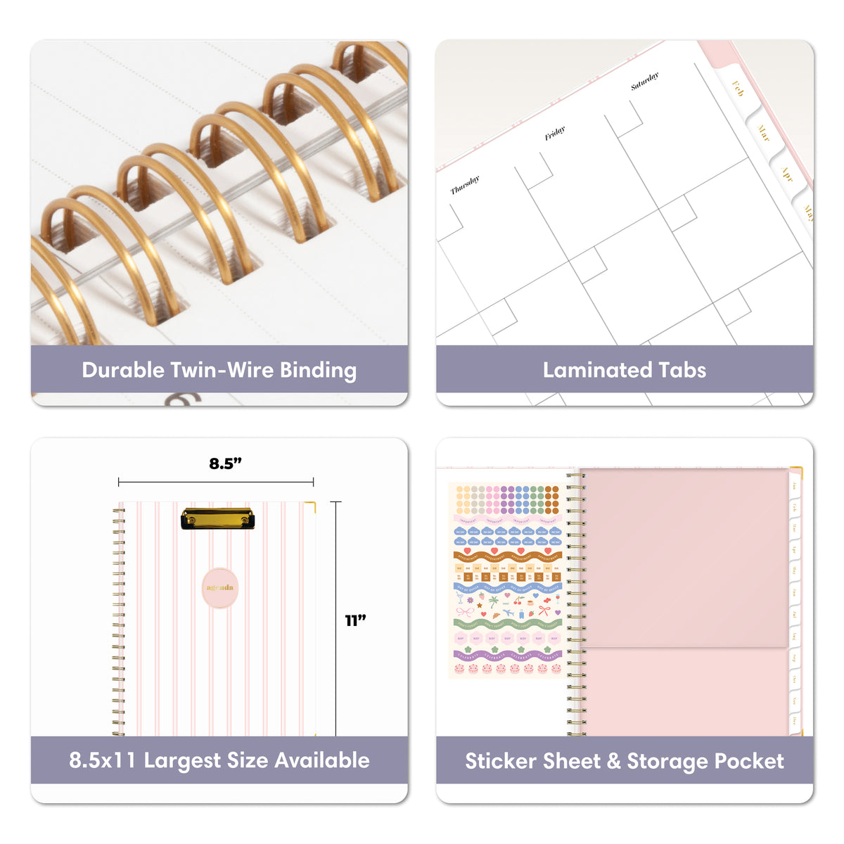 Four-panel product feature graphic for a spiral-bound planner or notebook. Top-left shows a close-up of gold twin-wire binding, sticker sheet included with storage pocket as well