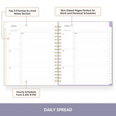 An open spiral-bound daily planner spread on a white background with callout labels pointing to features such as lined notes section, non-dated pages, and hourly schedule layout. The bottom has a purple banner reading DAILY SPREAD.