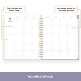 An open spiral-bound monthly planner spread on a white background, with callout boxes explaining features like top priorities and notes panel and non-dated blocks. A purple banner at the bottom reads &