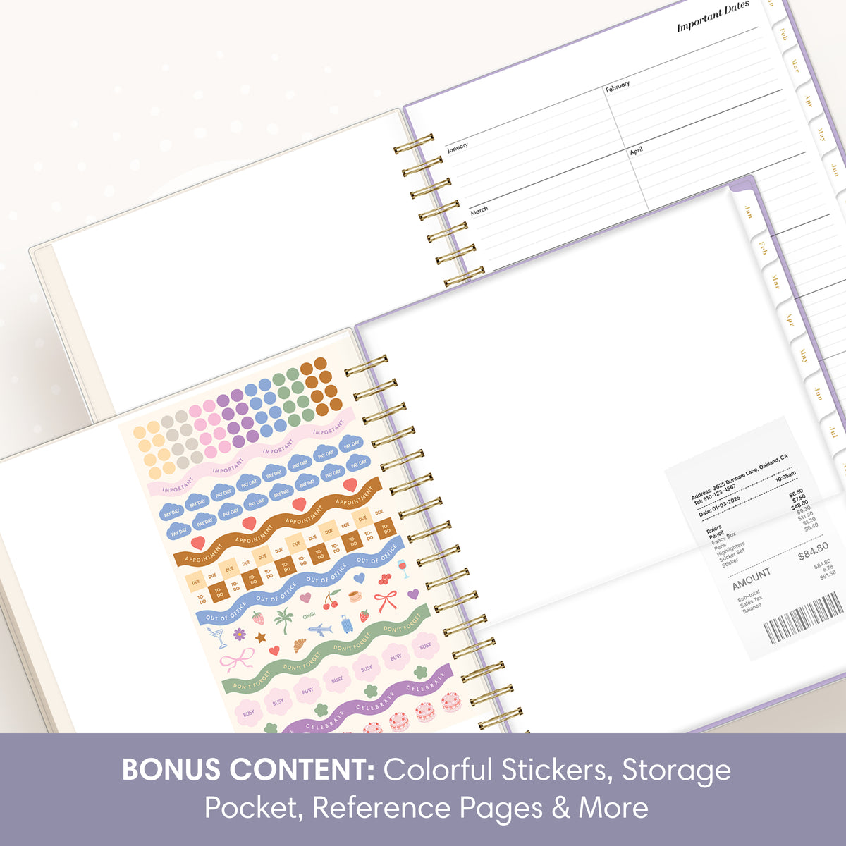 An open spiral-bound planner shown at an angle, with colorful decorative stickers on one page and reference-style pages visible in the background. A purple banner at the bottom reads: &