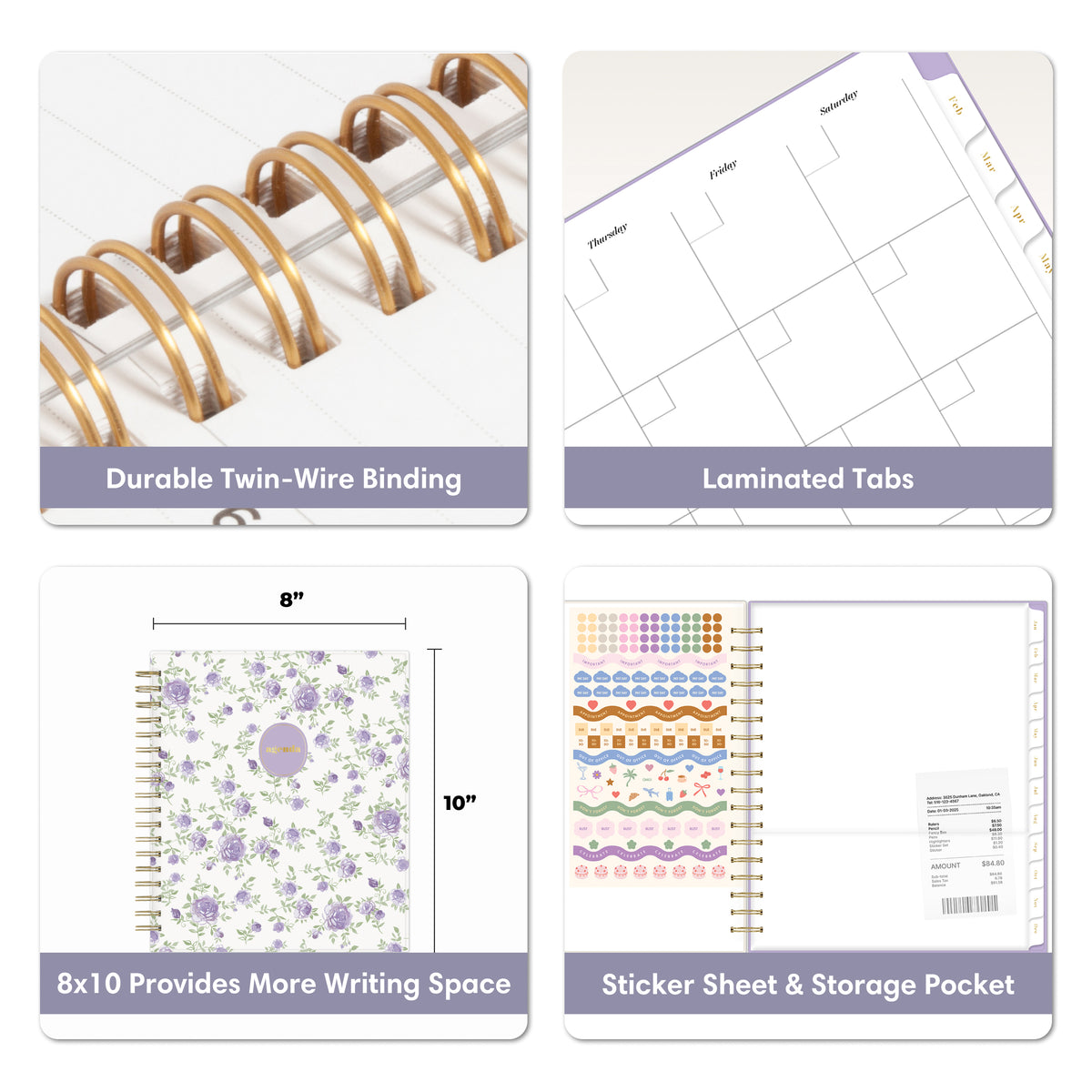 Four-panel product feature graphic for a spiral-bound planner or notebook. Top-left shows a close-up of gold-tone twin-wire binding, sticker sheet and storage pocket included