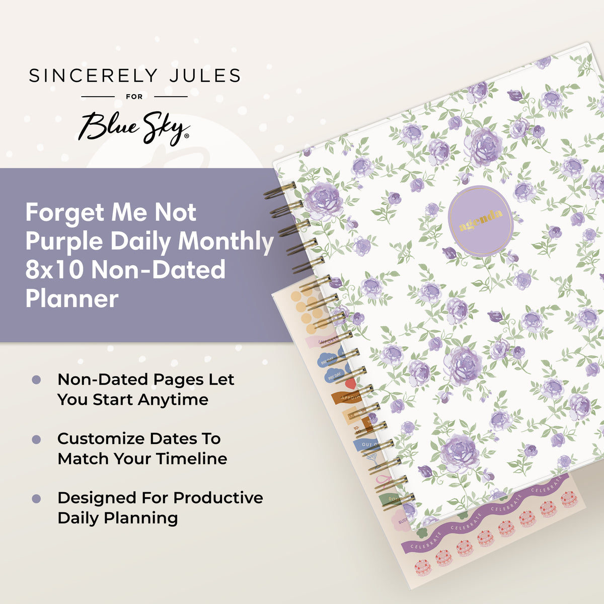 A spiral-bound daily monthly planner shown at an angle on a light beige background with promotional text. The planner cover has a white base with a repeating purple floral pattern and a round purple sticker that reads &
