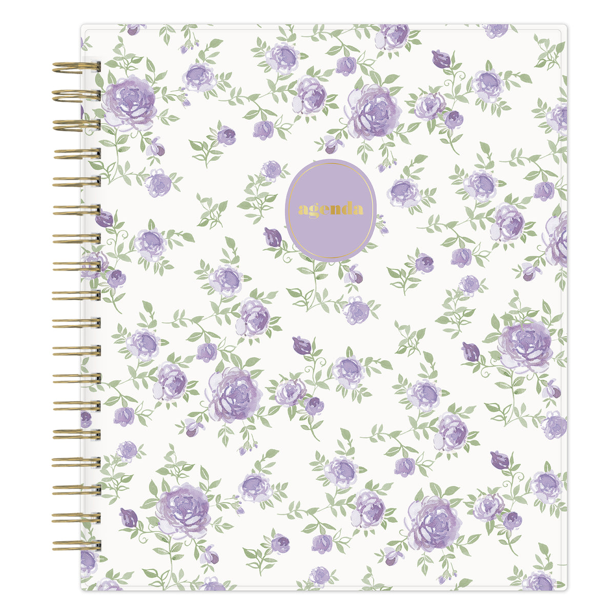 A spiral-bound non-dated daily planner with a white cover decorated with a repeating pattern of purple roses and green leaves, featuring a round lavender sticker with gold foil text that reads &
