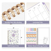 A 2x2 feature collage for a spiral planner notebook. Top-left shows a close-up of gold-tone twin-wire, sticker sheet, and storage pocket binding.