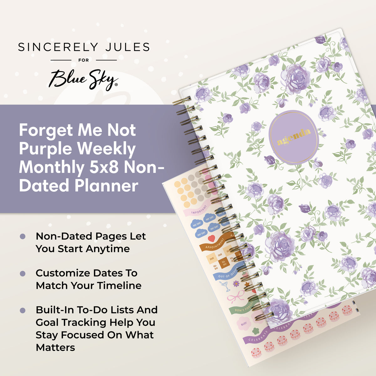 A spiral-bound floral planner shown on a light beige background with promotional text. The planner has a white cover decorated with purple flowers and green leaves, sticker sheet included